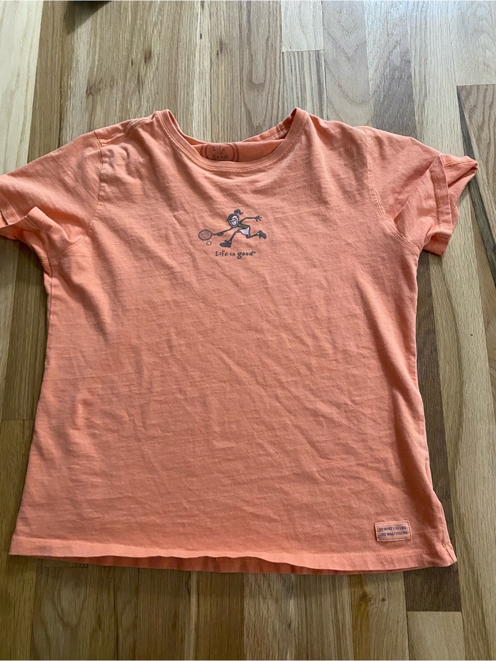 Life Is Good Peach-Orange Short Sleeve Tee with Tennis Dog Graphic